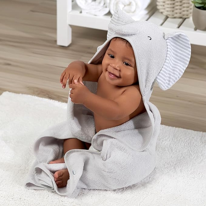 Gerber Baby 4 Piece Animal Character Hooded Towel and Washcloth Set, Grey Elephant, One Size