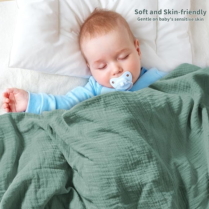 Muslin Swaddle Blankets for Newborn, 2 Pack Breathable Soft Receiving Blanket, Large 41 x 41 inches Swaddle Wrap Burping Clothes, Essentials Infant Shower Items. (Beige & Green)