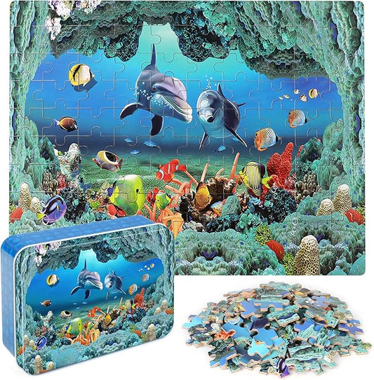 LELEMON Underwater World Puzzles for Kids Ages 4-8,100 Piece Ocean Dolphins Fishes Jigsaw Puzzle for Children,Learning Educational Toys for Boys and Girls