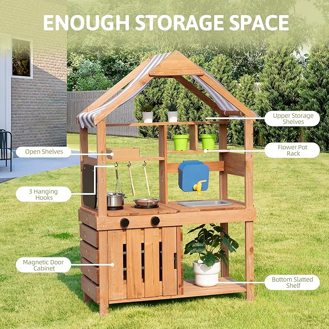 OOOK Mud Kitchen for Kids Outdoor, Kids Kitchen Playset with Canopy, Gardening Tools, Chalkboard, Flower Pot, Cookingware, Removable Water Tank, Ideal Gift for Boys and Girls 3+, Solid Fir Wood.