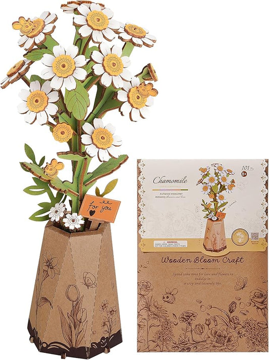 3D Flower Wooden Puzzles for Adults-Chamomile, DIY Wooden Flowers Model Kit Building Set Crafts for Adults to Build, Botanical Collection/Ideal Creative Gift Ideas/Housewarming (101PCS)