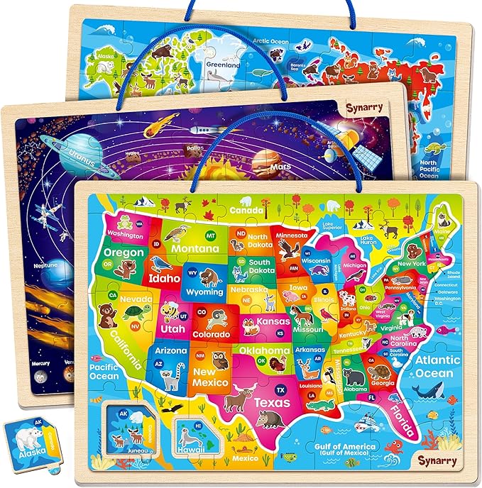 SYNARRY Large USA World Solar System Wooden Magnetic Puzzles for Kids Ages 4-6, Wood Puzzles Educational Games Toys Gifts for Toddlers, United States World Planet Space Map for Boys Girls Ages 3-5 4-8