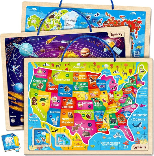 SYNARRY Large USA World Solar System Wooden Magnetic Puzzles for Kids Ages 4-6, Wood Puzzles Educational Games Toys Gifts for Toddlers, United States World Planet Space Map for Boys Girls Ages 3-5 4-8