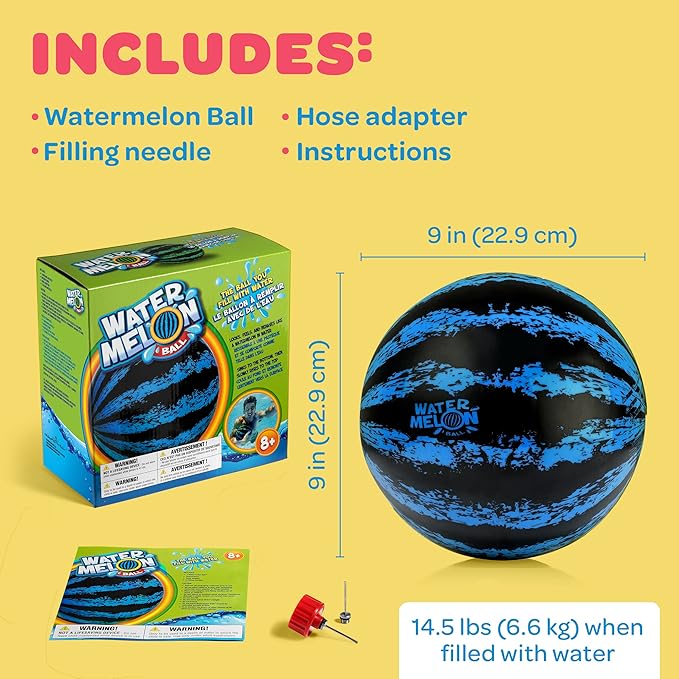 Watermelon Ball – The Ultimate Swimming Pool Game for Under Water Passing, Dribbling, Diving and Pool Games for Teens, Kids, or Adults, Balls Fills with Water, Blue, 9 inches