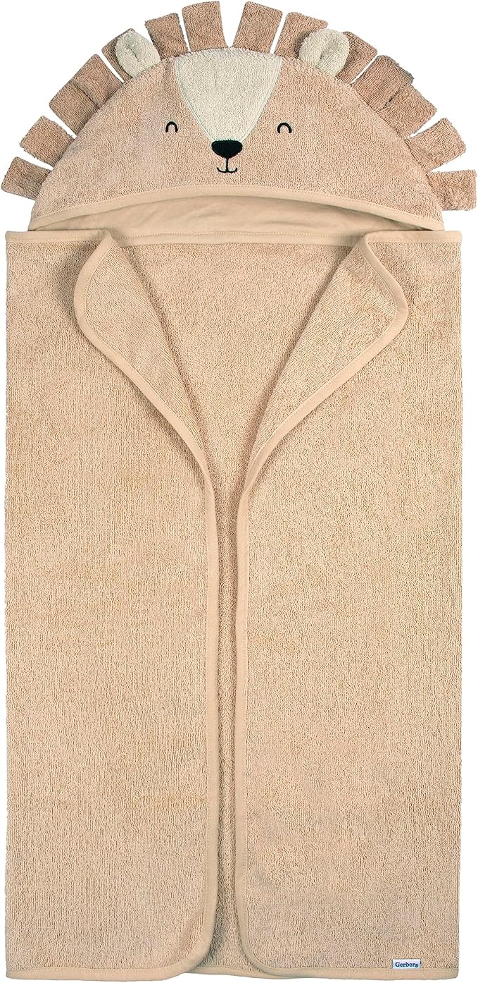 Gerber Baby 4 Piece Animal Character Hooded Towel and Washcloth Set, Brown Lion, One Size