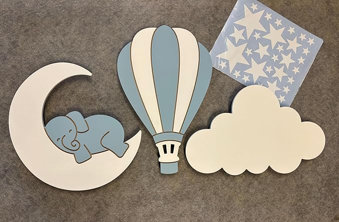 Dreamy Skies Nursery Wall Set – Elephant on Moon, Hot Air Balloon & Star Stickers (Blue Theme)