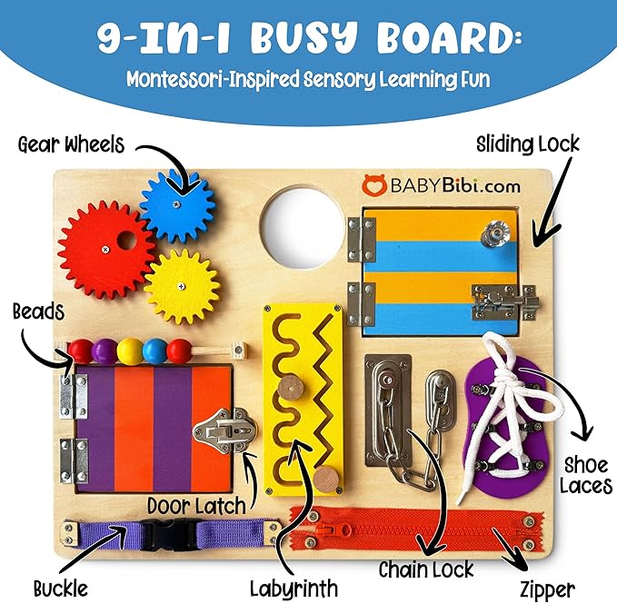 Montessori Busy Board for Toddlers - Safe, Durable Sensory Activity Board with Locks, Shoelaces & More - Perfect Educational Toy Built for Growth & Travel - 36 Months & Up - Color Edition