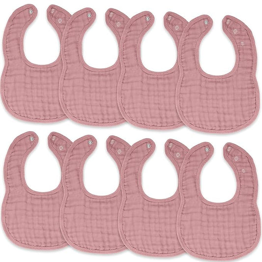 Comfy Cubs Muslin Bibs for Babies, Pack of 8 - Soft and Highly Absorbent, Feeding, Drool and Teething Bib, Adjustable Snaps - Stylish & Colorful Unisex Designs, Giftable Set - Mauve