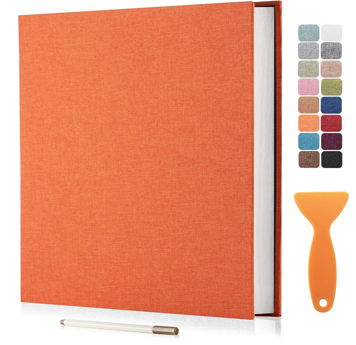 Large Photo Album Self Adhesive Scrapbook Album for 4×6 5×7 8×10 Pictures DIY Magnetic Linen Cover Album 40 Pages for Family Wedding Gifts with Metal Pen and Plastic Board Orange