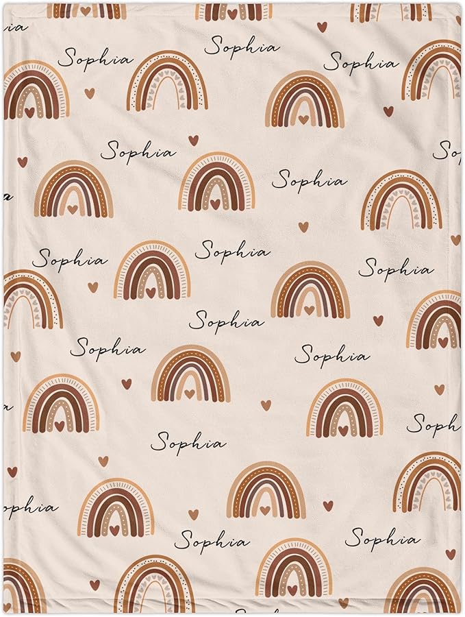 Personalized Baby Blanket with Name, Custom Nursery Blankets with Boho Rainbow, Personalized Gifts for Newborn Infant Baby Girls, Christmas Birthday Shower Gifts for Girl