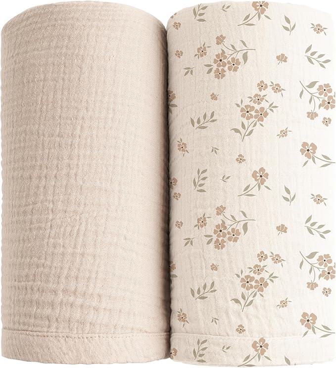 Konssy Muslin Swaddle Blankets for Boys Girls, 2 Pack Receiving Baby Blanket Large 47 x 47 inches, Soft Breathable Swaddling Wrap for Unisex Newborn (Blossom,Cream)