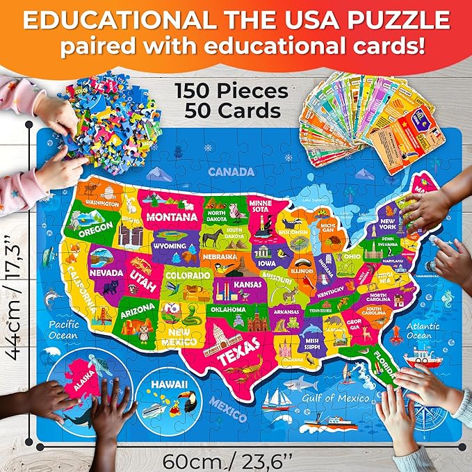 QUOKKA Puzzles for Kids Ages 8-10 - 150 Pcs Jigsaw Puzzles for 6-8 Year Olds - 400+ Facts on 50 Double - Sided Flashcards - Learn USA Education Activity Gift - Shaped Puzzle for Toddlers 4-6