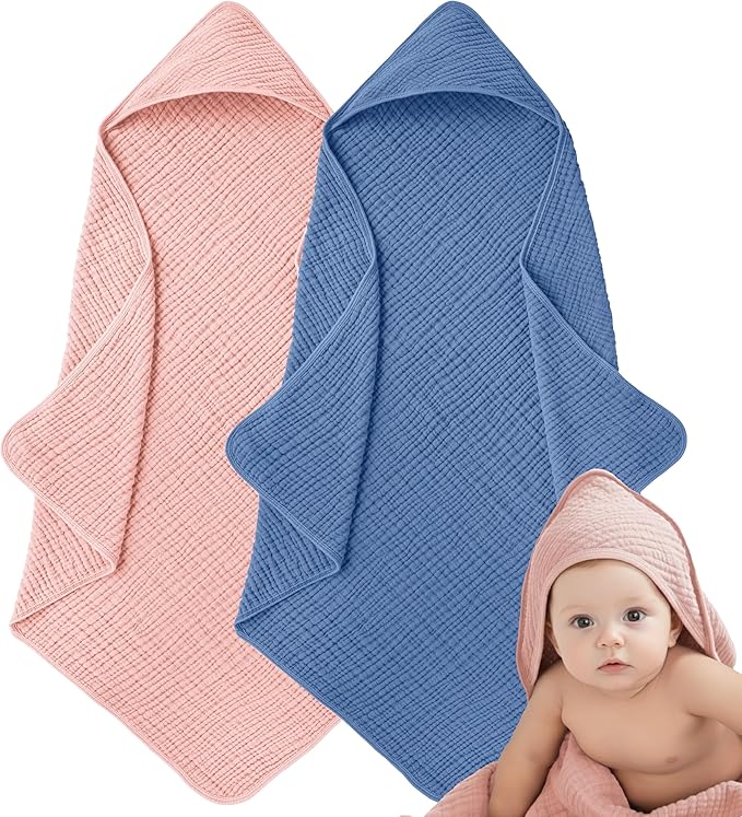 Muslin Hooded Baby Towels for Newborns, 32"x32", 100% Cotton – 6 Layers Super Soft Absorbent Breathable, Baby Bath Towel, Toddler Bath Towel – Pack of 2