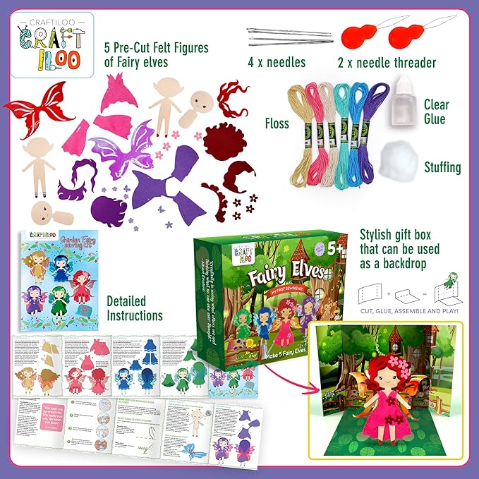 CRAFTILOO Fairy Elves Sewing Kit for Kids, Fun and Educational Fairytale Craft Set for Boys and Girls Age 7-12, Sew Your Own Felt Fairy Craft Kit for Beginners (Garden Rainbow Fairies Kit)