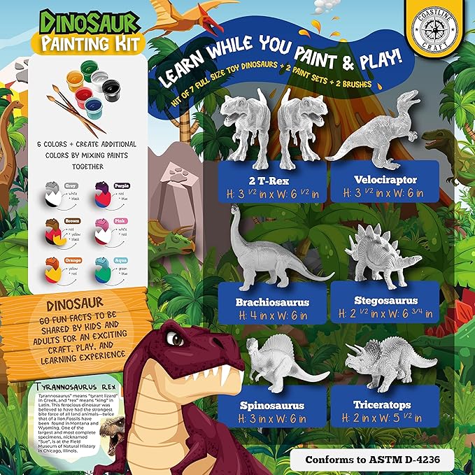 COASTLINE CRAFT STEM.org Dinosaur Painting Kit for Kids with Dino Trivia-Dinosaur Crafts for Kids Ages 3-5 + w/ 2 T-Rex Set - Screen Free, Educational Gifts for Boys