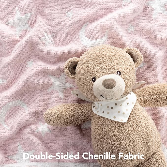 Berkshire Baby Blanket,Ultra-Plush Reversible Chenille Knit Toddler Blanket,Cute Pattern Nursery Crib Blanket,Ideal Baby Gift(30x40 Inches,Stars and Moon Border White-Pink)