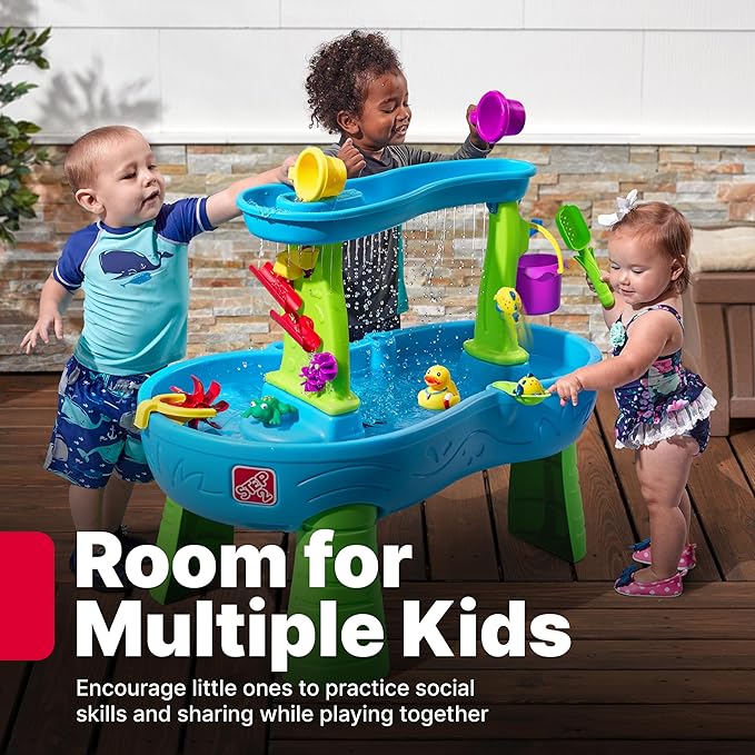 Step2 Rain Showers Splash Pond Water Table, Kids Water and Sand Activity Sensory Playset, Summer Outdoor Toys, 13 Piece Water Toy Accessories, For Toddlers 1.5+ Years Old, Blue & Green