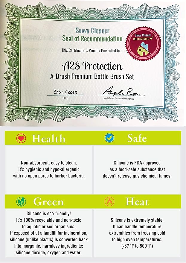 A-Brush Silicone Bottle Cleaner Brush, Flexible, Long Handle - Water Bottle Cleaner, Baby Bottle Nipple Brush for Plastic & Glass, BPA-Free Dish Washing Brush A2S Protection