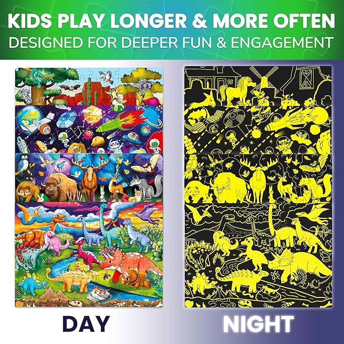 QUOKKA 4x100 Piece Puzzles for Kids Ages 6-8 – Glow-in-The-Dark Puzzles for Kids 8-10 – Space, Dinosaurs, Animals – Fun Educational Puzzle for Boys & Girls – Learning Games & Space Toys Gift for Kid