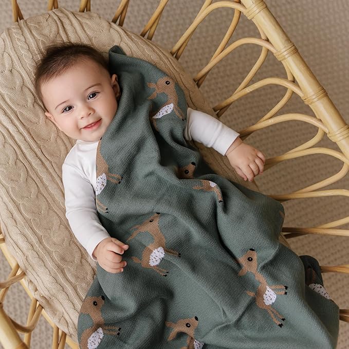 Knit Baby Swaddling Blanket - 100% Cotton Lightweight Soft Cozy Receiving Swaddle Stroller Quilt Blanket for Shower Gift Registry for Newborns, Infants, Toddlers (Deer - Mocha)