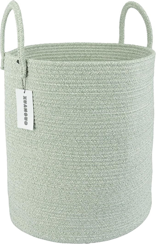 Cotton Rope Laundry Basket Hamper for Clothes Woven Storage Basket for Living Room Bedroom Boho Tall Rope Baskets for Blanket Toys Pillow Towels Baby Nursery Hamper Bin green