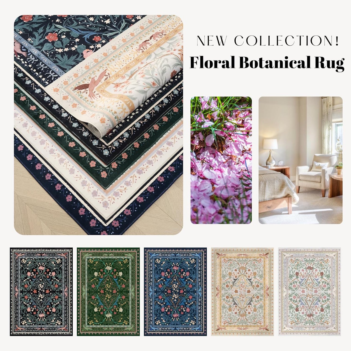 Door Mat Indoor Entrance 2x3 Rug Machine Washable Vintage Floral Botanical Small Area Rug Non-Slip Low Pile Throw Rugs for Entryway, Kitchen, Front Door Entrance, Entry, Kids Room, Black