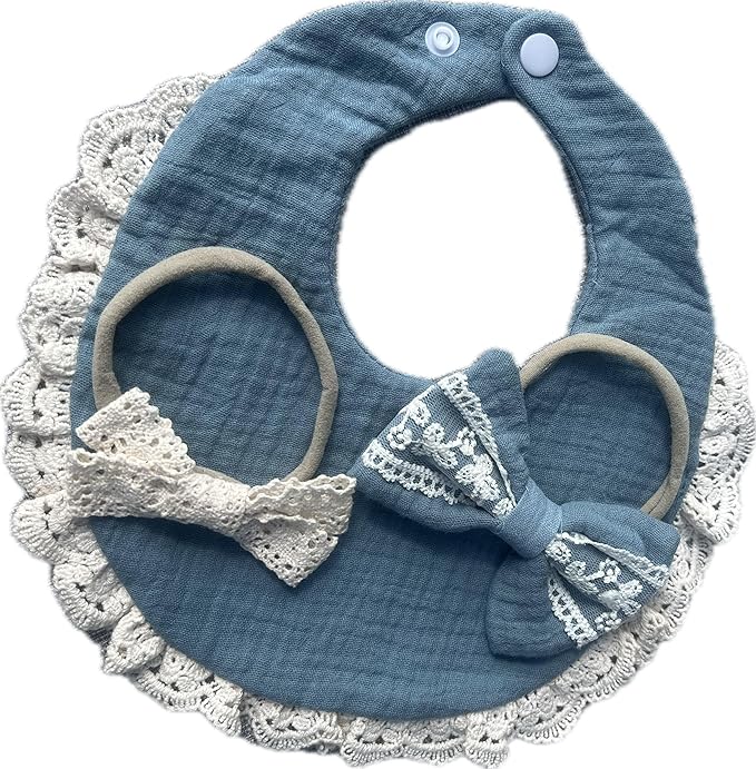 Baby Girl Gift Set, Muslin BoHo Bib with Lace and Matching Bows, Absorbent Cotton Adjustable Bib for Newborn Infant Toddler