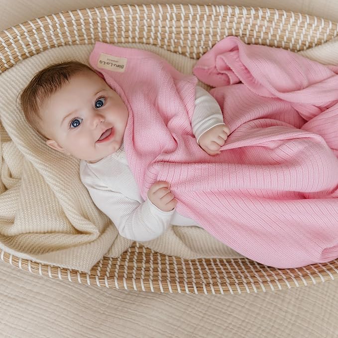 Organic Ribbed Swaddle Blanket for Boys & Girls - 100% Luxury Organic Soft Cotton Knit Warm Cozy Cuddle Stroller Blanket for Newborns, Infants, & Toddlers (Bubblegum)