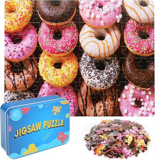 LELEMON 100 Pieces Donut Jigsaw Puzzle for Kids Ages 4-8 Sweet Colorful Donut Jigsaw Puzzles in a Metal Box Children Boys Girls Learning Educational Puzzles Toys