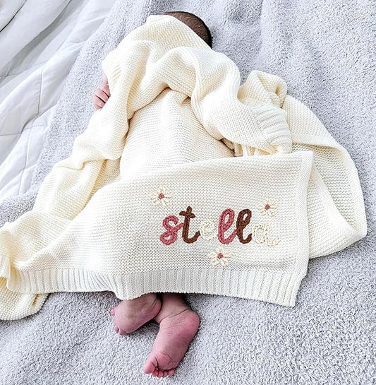 NAZENTI Personalized Hand Embroidered Baby Knit Blanket, Custom Baby Name, Newborn Baby Gifts, Cotton Knit Stroller Blanket, Custom Gifts for Birthday Baby Boys Baby Girls #16