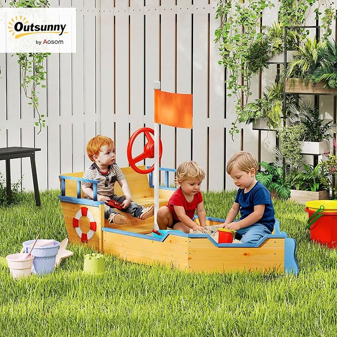Outsunny Wooden Kids Sandbox, Pirate Ship Outdoor Sandboat with Bench Seats, Storage, Non-Woven Fabric Cloth for Backyard, Lawn, Natural Wood