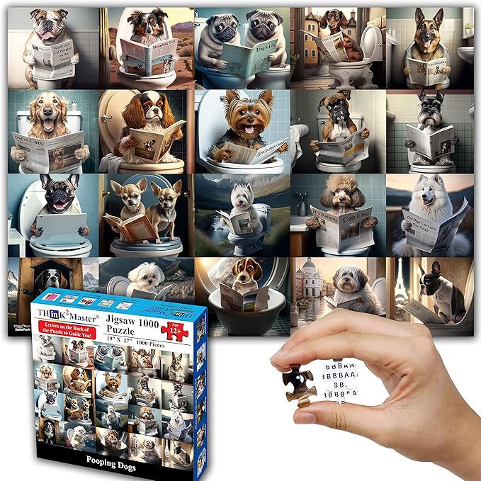Think2Master Pooping Dogs & Puppies 1000 Pieces Jigsaw Puzzle. Pooping Puppies, Funny Bathroom Decoration, Gag Gift. Fun Toy Teens, Adults, Seniors & Families. Great for Kids 13+ Size: 26.8” x 18.9”