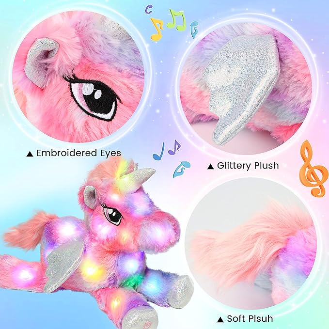 Hopearl Colorful LED Musical Stuffed Unicorn Lighting Up Singing Plush Toy Adjustable Volume Lullaby Animated Soothe Birthday Festival for Kids Toddler Girls, Rainbow, 16''
