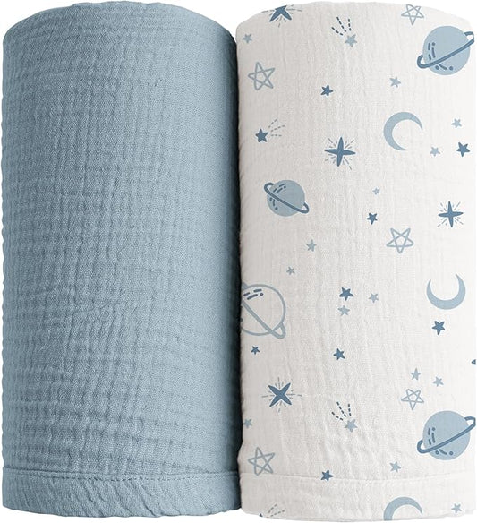 Konssy Muslin Swaddle Blankets for Boys Girls, 2 Pack Receiving Baby Blanket Large 47 x 47 inches, Soft Breathable Swaddling Wrap for Unisex Newborn (Star,Blue)