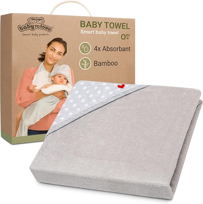 BabyToLove Extra Large Smart Baby Towel | Oversized Hooded Towel for Newborns & Toddlers | Soft & Thick Bath Wrap | Stay Dry Loop and Hook Style | White Stars
