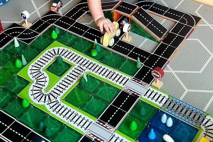 Learn & Grow Magnetic Tiles Train Track Road Toppers Set - 40PCs Road Expansion Pack (Tiles not included), Magnet Car Play Accessories, STEM Building Toy - Construction Toys for Toddlers & Kids Age 3+