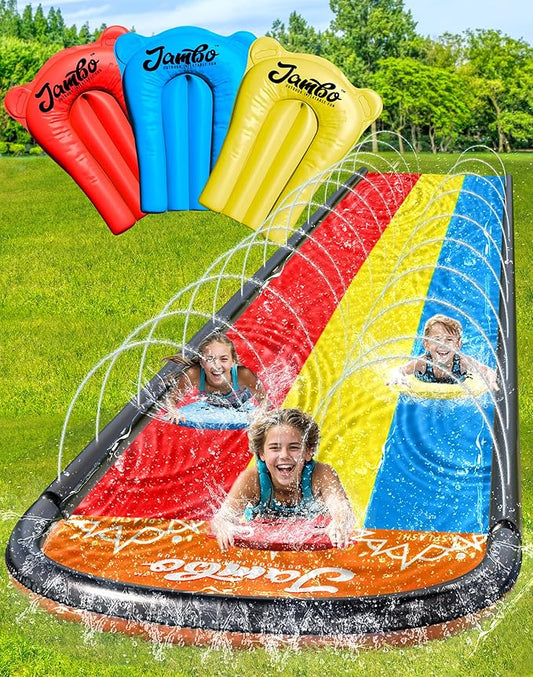 Jambo 16ft Premium Slip Splash and Slide, Three- Way Sprinkler System with 3 Body Boards, Water Slide with Advanced Sprinklers System | Backyard Waterslide Outdoor Water Toys Slides for Kids