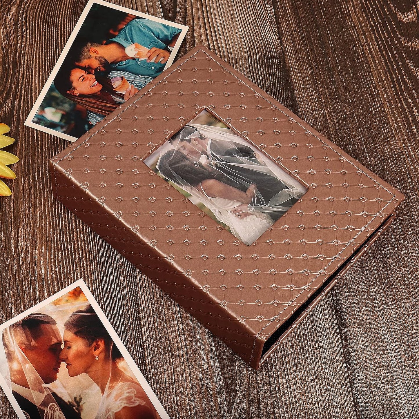 RECUTMS Small 4x6 Premium Leather Cover Slot Photo Album with 200 Pockets, Brown