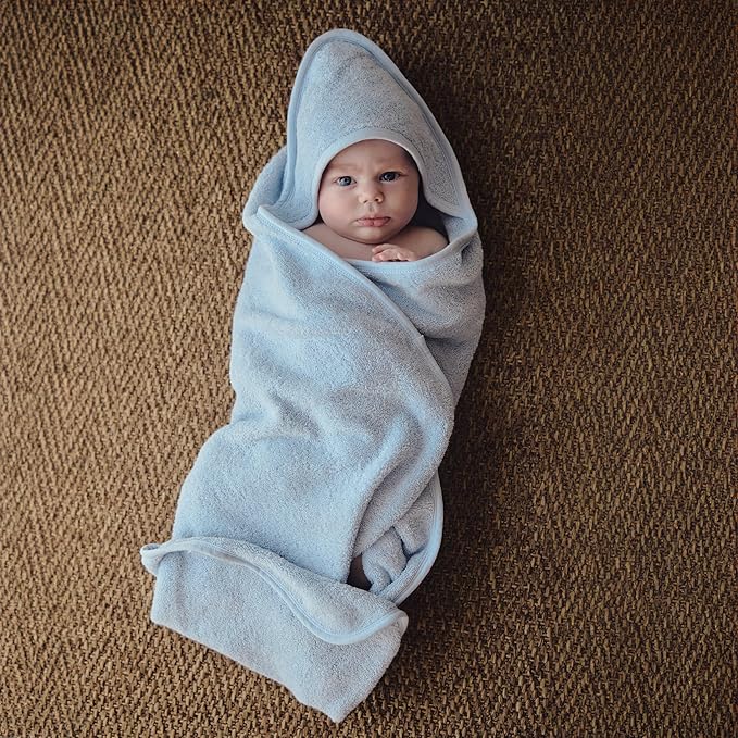 Baby Hooded Towel – Organic Cotton Baby Bath Towels, 32" x 32" Super-Soft and Absorbent Baby Towels for Newborn 2-Pack (Fog/Baby Blue)