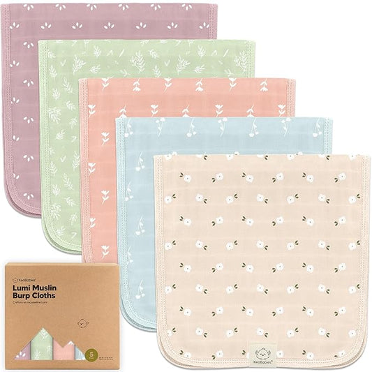 5-Pack Cotton Muslin Burp Cloths Baby Girls, Boys - Soft & Absorbent Spit Up Burp Rags, Large Muslin Towel, Cotton Wash Cloths for Babies, Newborn, Infant, No Shrink, Durable, Neutral (Bloom)