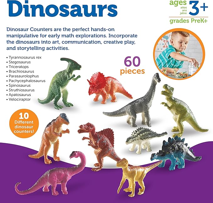 Learning Resources Dinosaur Counters - 60 Pieces, Ages 3+ Dinosaur Toys, Dinosaurs for Toddlers, Dinosaurs Action Figure Toys, Kids' Play Dinosaur and Prehistoric Creature Figures