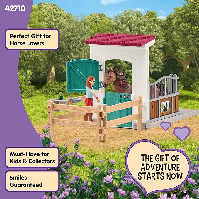 Schleich Horse Club - 25PC Hannah and Cayenne Horse Toy Stall Playset with Accessories - Customizable Stable Name Tag - Realistic, Posable Rider and Pony Toys for Girls and Boys - Kids Ages 5+ - 42710