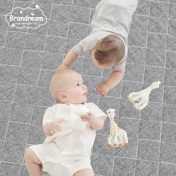 Brandream Gender Neutral Boho Bohemian Farmhouse Chic Baby Crib Bedding Set 100% Washed Cotton Like Linen Supersoft Classic Quilted Plaid Design Nursery Collection (Grey, 6-Piece)