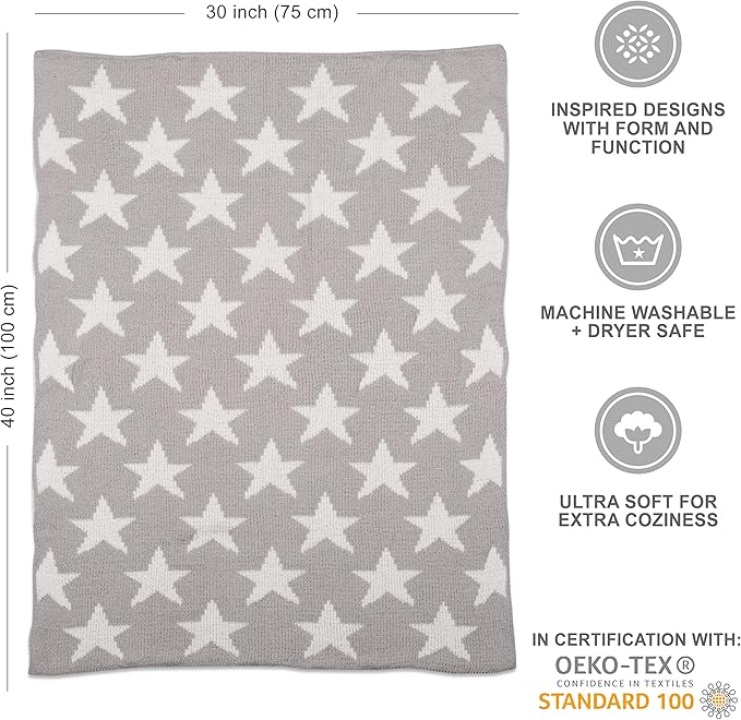 Living Textiles Grey Stars Chenille Soft Baby Blanket Reversible Premium Cozy Fabric for Best Comfort - for Infant,Toddler,Newborn,Nursery,Boy,Girl,Unisex,Throw,Crib,Stroller,Gift, Grey Stars 40x30
