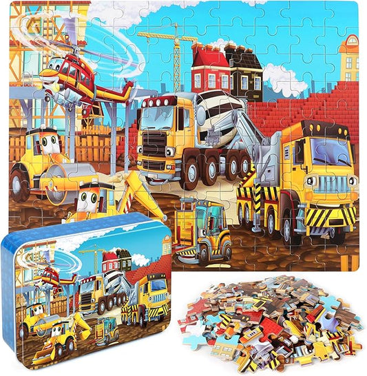 LELEMON Puzzles for Kids Ages 4-8 Construction Vehicles 100 Piece Puzzles for Kids Educational Jigsaw Puzzles Toys Gift for Boys Girls Age 4, 5, 6, 7, 8 Years Old