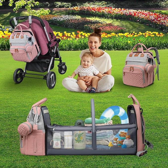 Diaper Bag Backpack Baby Diaper Bag Multifunctional Waterproof Diaper Bag with Changing Station Travel Backpack with Changing Pad, Baby Baby Pacifier Case & Stroller Straps(PinkGrey)