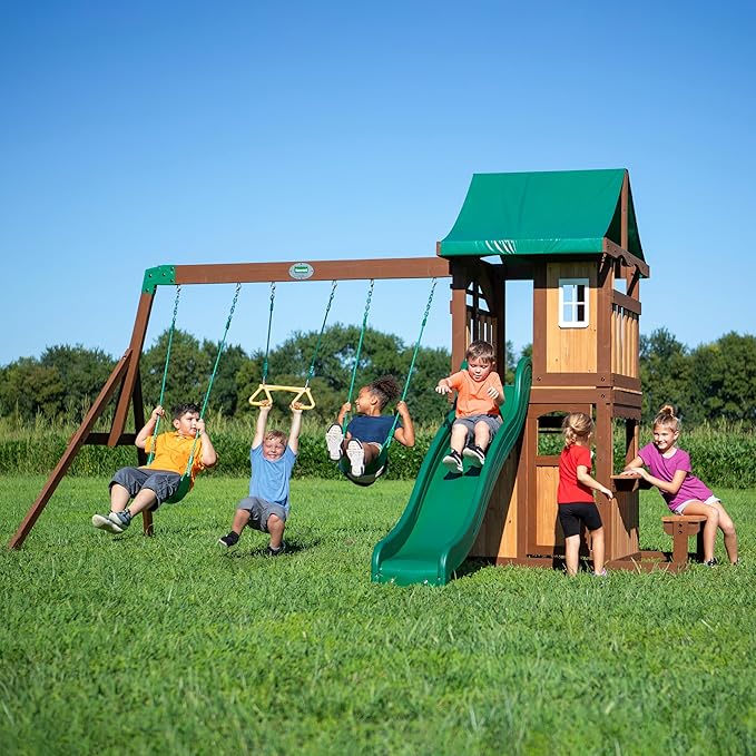 Backyard Discovery Lakewood Cedar Wood Swing Set with Wave Slide, Clubhouse, Playhouse, Snack Bar Window, Picnic Area, Belt Swings, Trapeze, Full Front Door, Windows, Step Ladder, Outdoor Playset