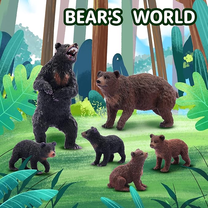 Toymany 6PCS Bear Figurines, Realistic Forest Animals Bear Family Figures Toy Set Includes Brown Bears Black Bears and Cubs, Education Toy Birthday for Kids Toddlers