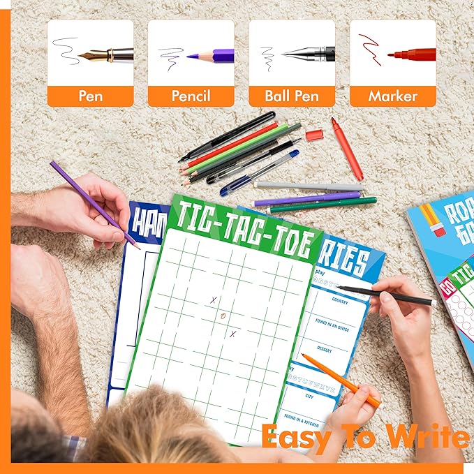 Road Trip Game Pad, 80 Perforated Sheets Travel Activity Pad, 5 Games in 1 Pad, Plane, Car Trip Activity, Pen Pencil & Paper Game for Kids, Adults (6” x 9”)