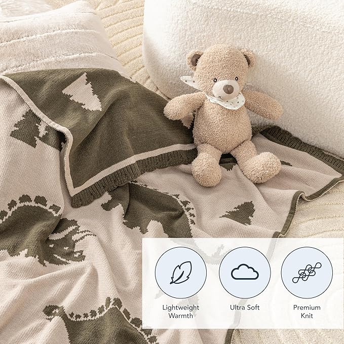 Berkshire Baby Blanket,Ultra-Plush Reversible Chenille Knit Toddler Blanket,Cute Pattern Nursery Crib Blanket,Ideal Baby Gift(30x40 Inches,Dino WalkKalamata)